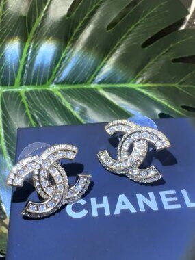 Chanel Gold Crystal CC Stud Earrings